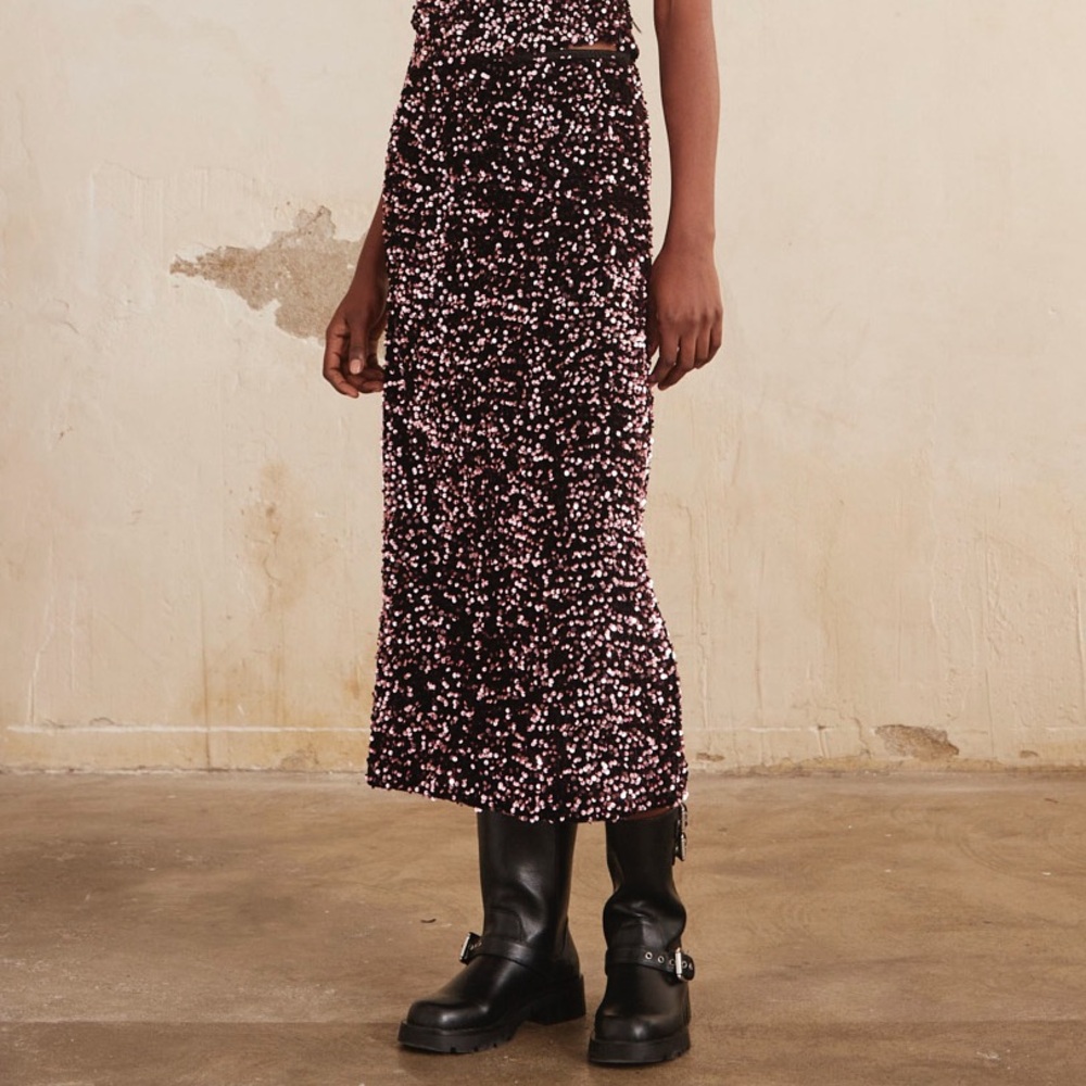 Anthropologie sequin skirt Nekane NKN skirt‎ velvet Black Pink metallic XS XXS